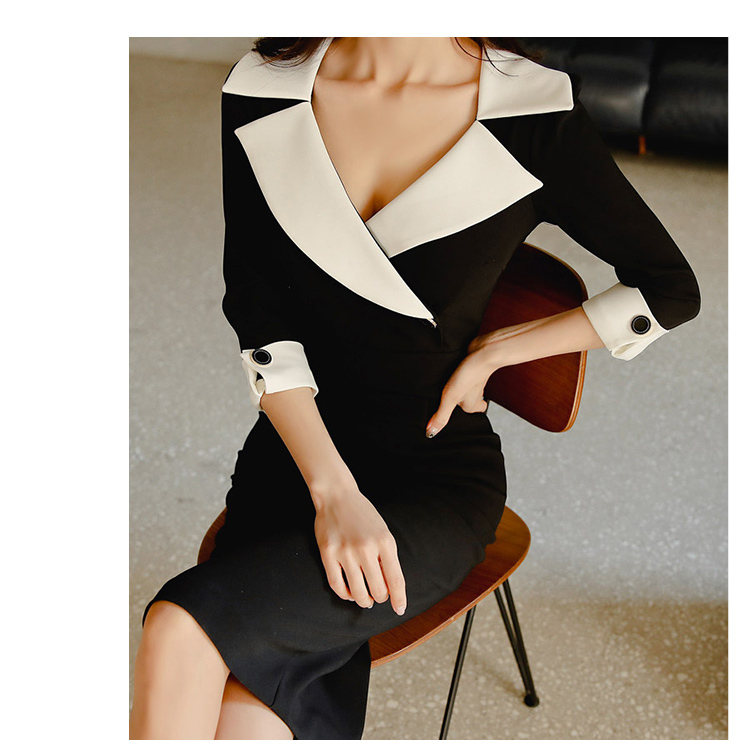 Ladies Office fashion V-Neck Hit Color Sexy Hip Package Slim Waist Sheath Knee-length Dress Vestidos 210519
