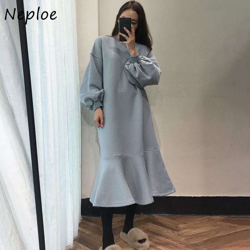 O-Neck Lantern Long Sleeve Pullover Warm Dress Women High Waist Hip Temperament Mermaid Vestidos Loose Robe Winter 210422Z