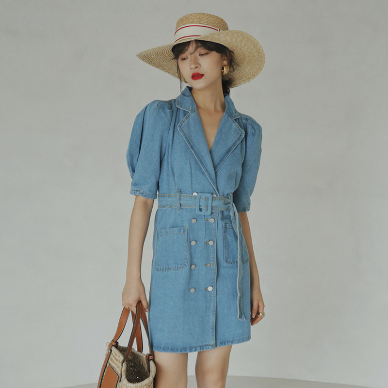 Women Short Sleeve Lapel High Waist Denim Dress With Belt Casual Fashion Summer Arrivals 2H037 210526