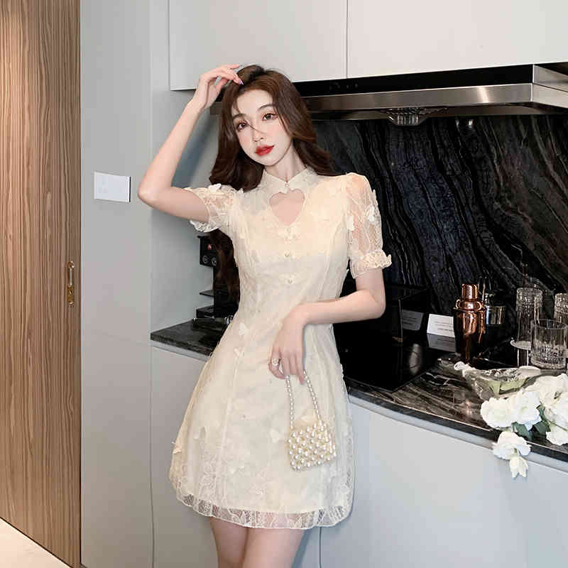 Summer Elegant Retro Cheongsam Improved Version Dress Fashion Lace Short Sleeve Slim Mini Party Dresses Vestidos 210519