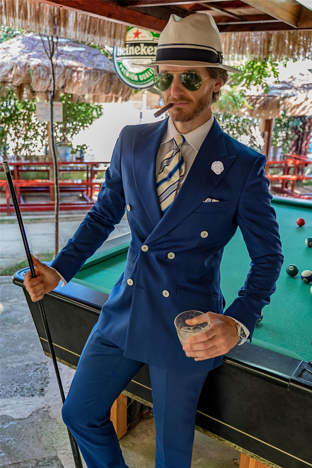 Double Breasted Navy Mens Customized Wedding Tuxedos Slim Fit Peaked Lapel Groom Wear Dinner Prom Party Blazer (Jacket+Pants)