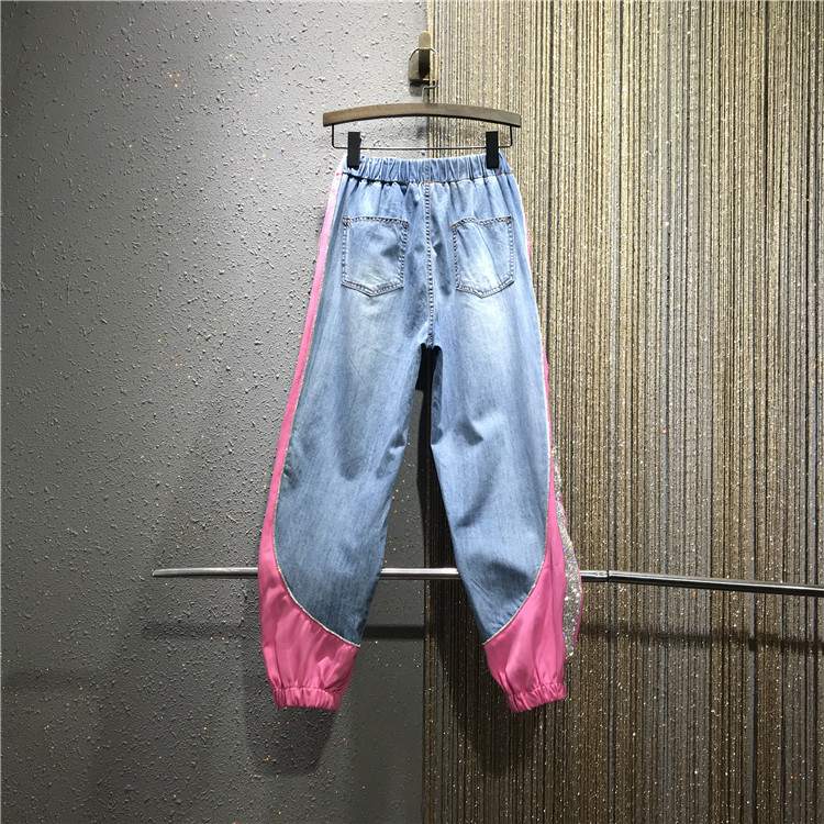 Summer Casual Jeans Woman Long Trousers Cowboy Female Loose Streetwear Rhinestones Splice Denim Pants ZA4295 210427