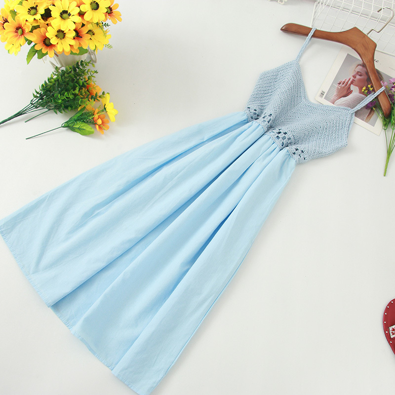 Summer Spaghetti Strap Dress Women Sexy Sleeveless Crochet Hollow Out Vestidos Beach A-line Dresses High Waist 26030 210519