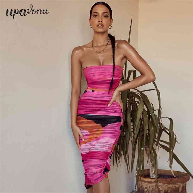 Free Summer Women Draped Printed Dress Sexy Tube Top Sleeveless Bodycon Halter Midi Club Party Vestido 210524