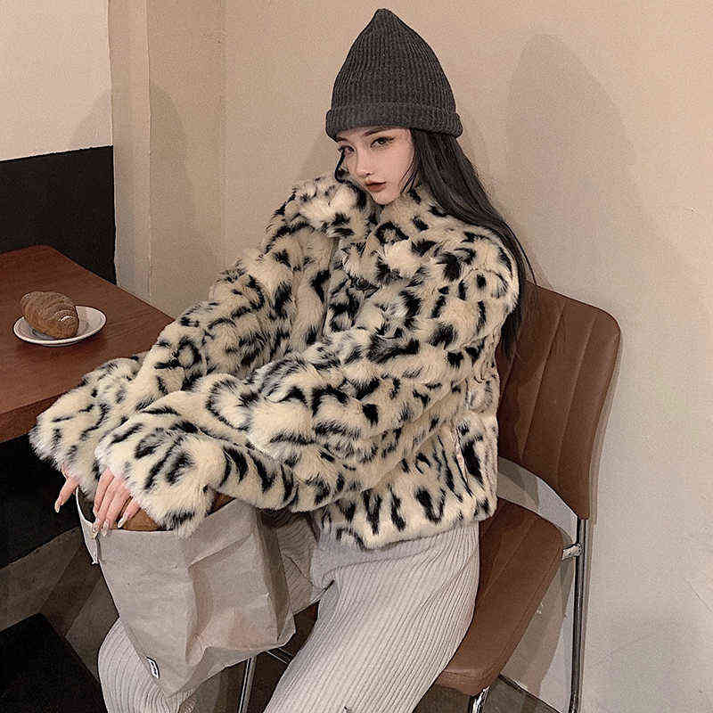 Lucyever Fashion Leopard Short Furry Jacket Womens Spring Keep Warm Faux Fur Coat Woman Korean Turn-down Collar Plush Coats 211123