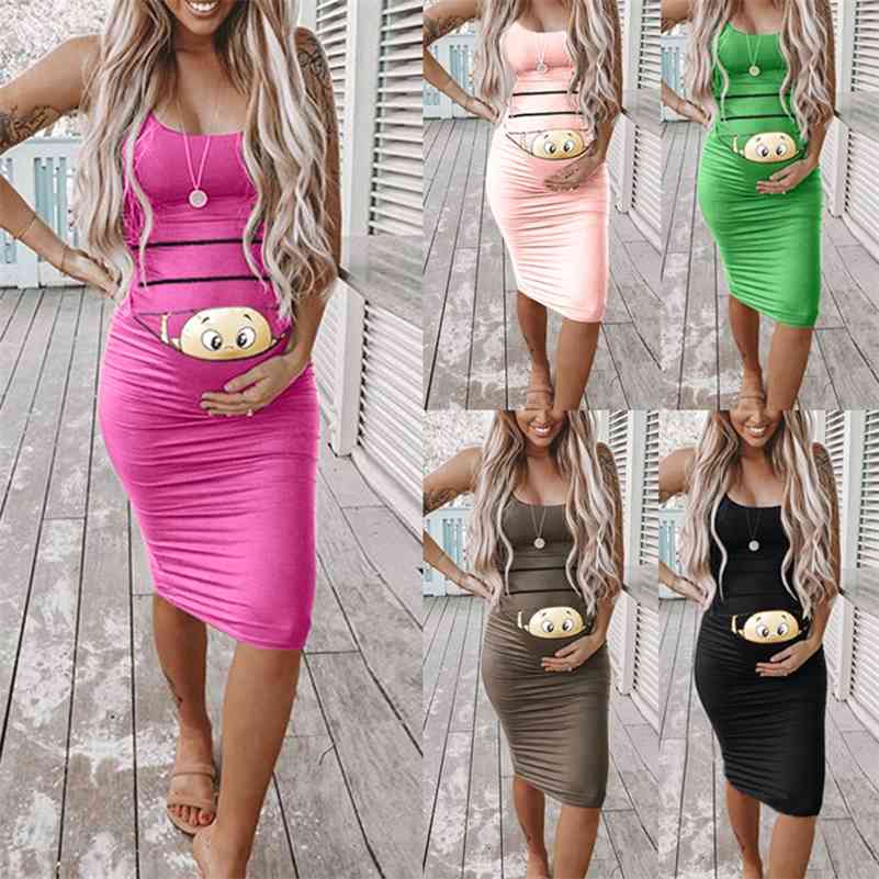 

Maternity Dresses For Po Shoot Sleeveless Cartoon Printed Cute Solid Pregnancy Comfy Pregnant Women Clothes 210721, Khaki