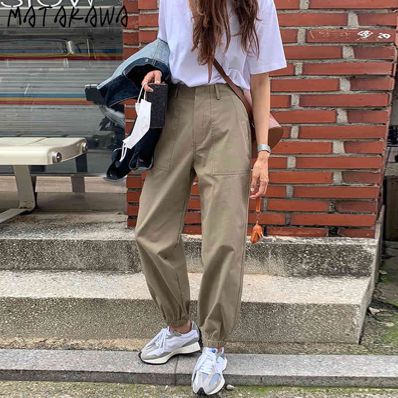 MATAKAWA Elastic Overalls Casual Pants Women Korea Chic Autumn Cargo Pants Simple High Waist Straight Pocket Trousers 210513