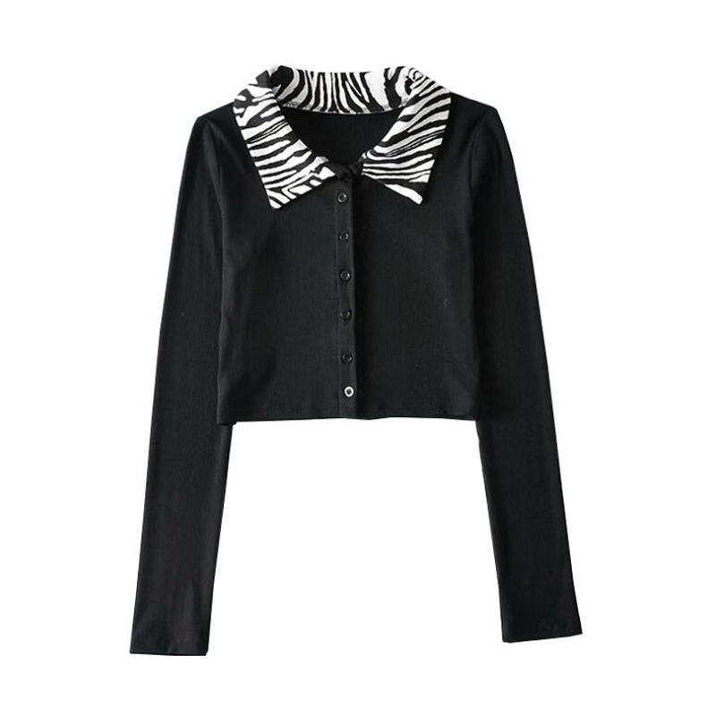 Y2K Stylish Black Leopard Lapel Patchwork Cropped Long Sleeve T-shirt Crop Top Chic Woman Slim Fit t shirt Basic tee 210429