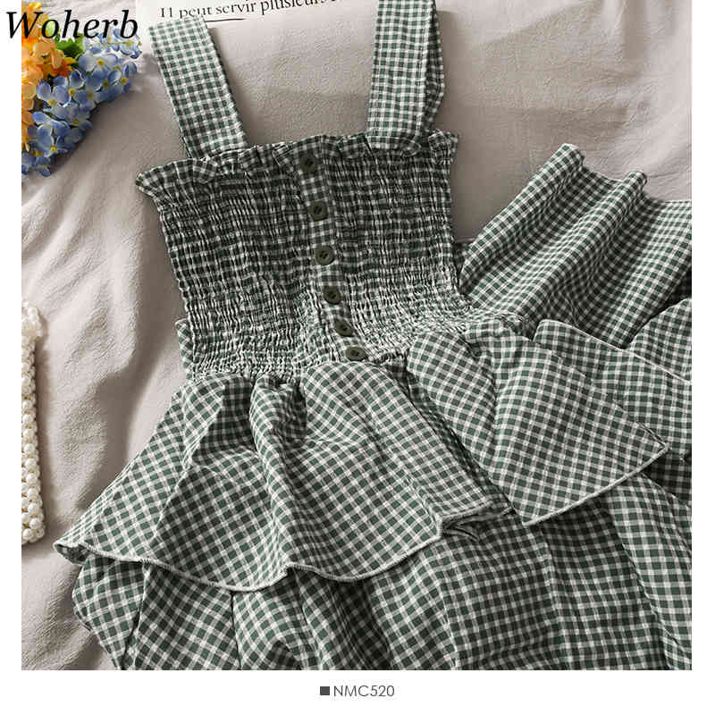 Casual Boho Beach Holiday Plaid Cake Dress Women Summer Elegant Sexy Spaghetti Strap Ruffle Robe Femme Vestidos 210519