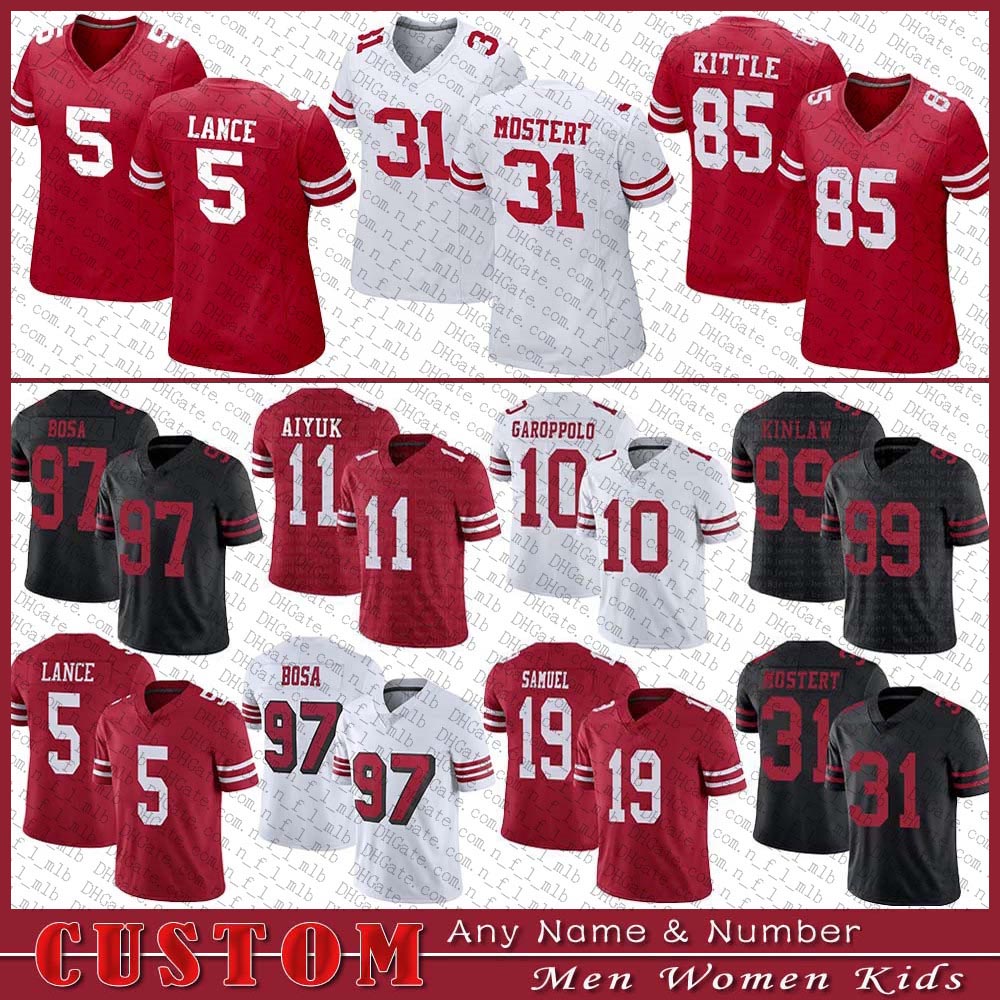 5 Trey Lance 97 Nick Bosa 85 George Kittle Football Jersey 19 Deebo Samuel 99 Javon Kinlaw 11 Brandon Aiyuk 31 Mostert Custom Men Women Kids San Francisco 49er 49ers, Shown
5 Trey Lance 97 Nick Bosa 85 George Kittle Football Jersey 19 Deebo Samuel 99 Javon Kinlaw 11 Brandon Aiyuk 31 Mostert Custom Men Women Kids San Francisco 49er 49ers, Shown