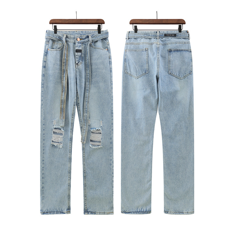 High street fog fear of God Season 6 wash light ribbon straight cut jeans pants fashion brand, White;black
High street fog fear of God Season 6 wash light ribbon straight cut jeans pants fashion brand, White;black