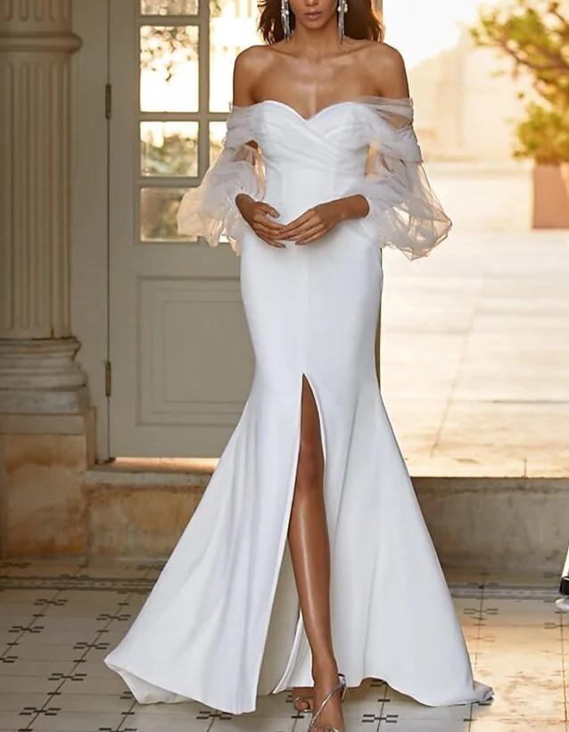 Sexy Split Mermaid Wedding Dresses Off Shoulder Puffy long Sleeves Satin Tulle bohemian country Bridal Gown Vestidos De Novia