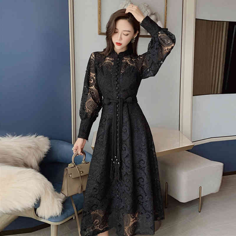 Comelsexy Fashion Autumn Korean Women Dress Stand Collar Lantern Sleeve High Waist Slim Bandage Midi Dresses Female 210515