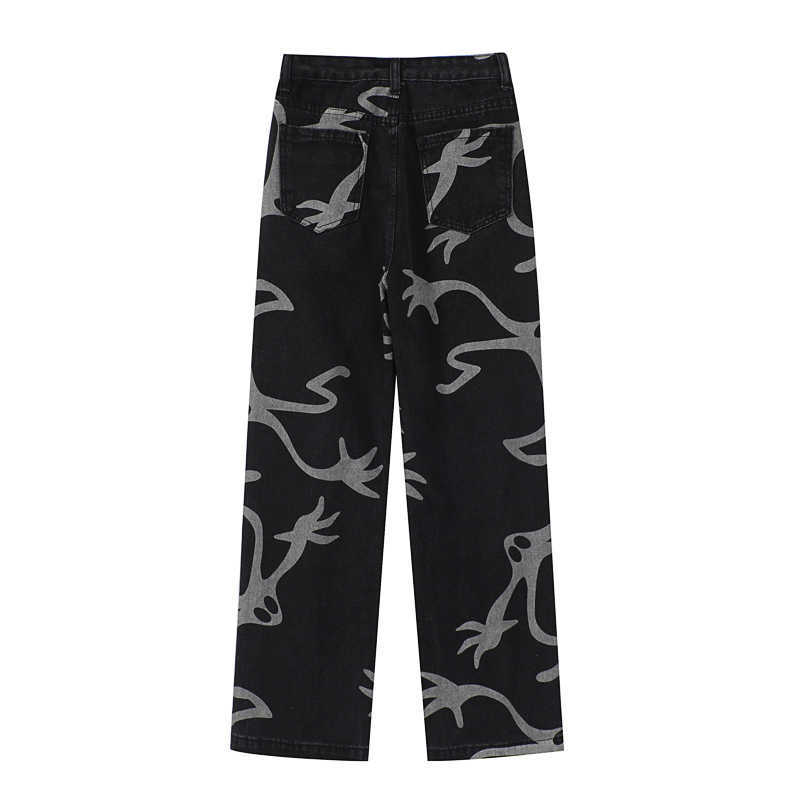 Women's Jeans Y2K Harajuku Streetwear High Waist Vintage Baggy Straight Denim Wide Leg Pants Hip Hop Printing Trouser 210809