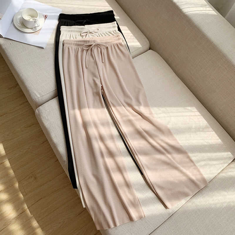 Fashion Wide Leg Pants Women Summer Autumn Casual Solid High Elastic Waist Long Loose Trouser Drawstring Femme Pant Elegant 210526
