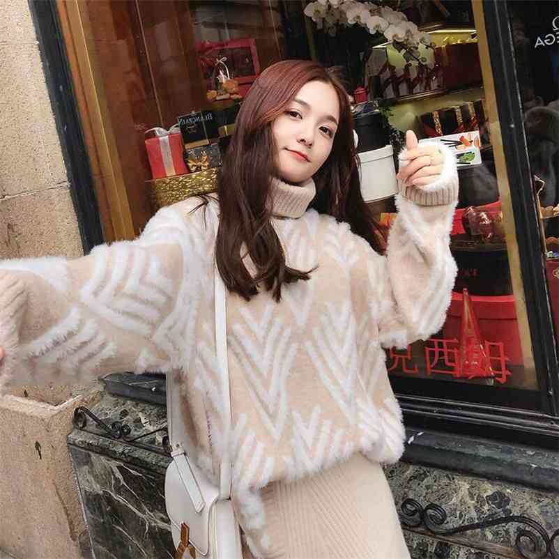 Wonder Casual Loose Thicken Knitted Pullovers Turtleneck Sweater Female Sweet Bottom Knitwear Jumper Tops 210510