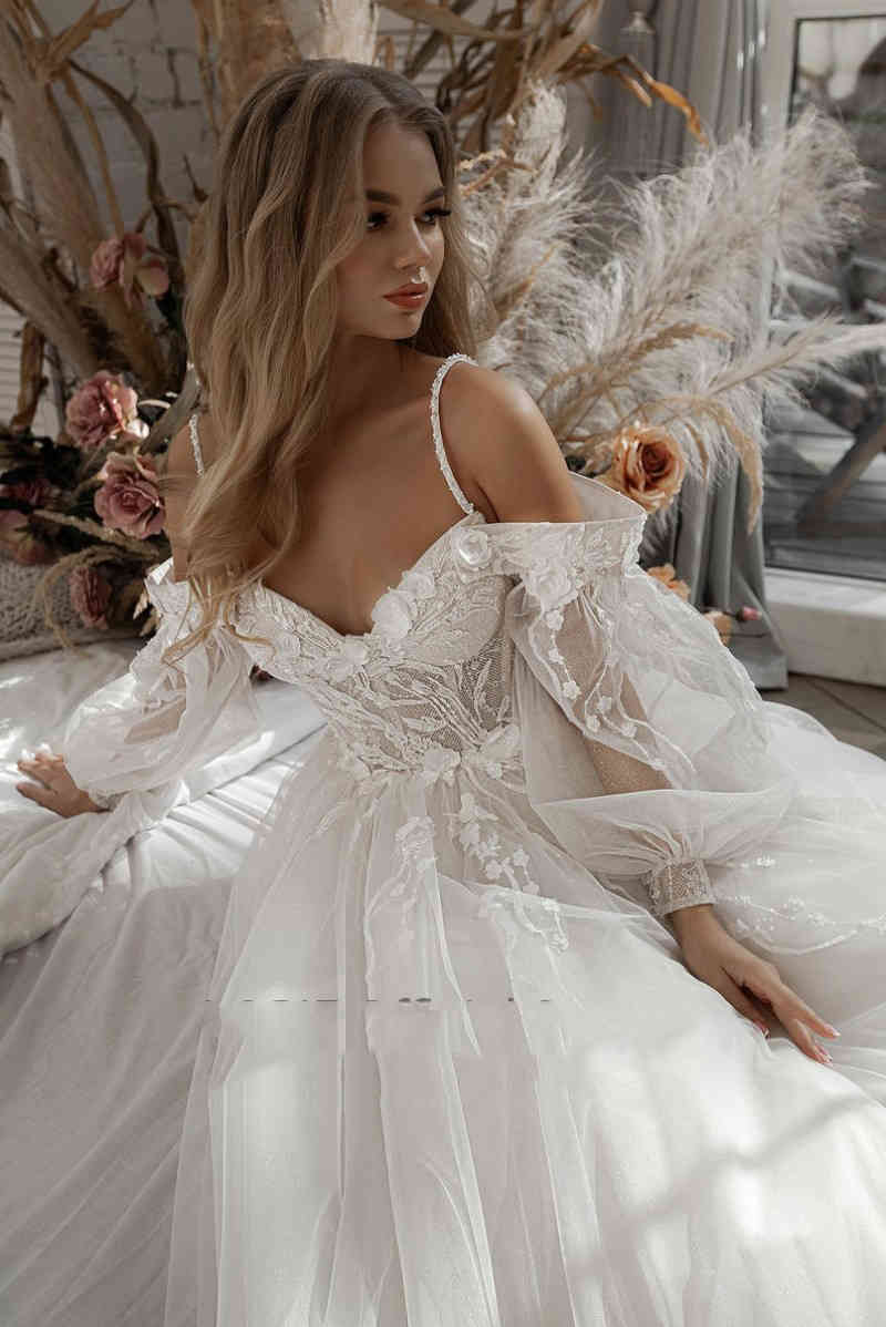 Wedding Dress Glitter Puff Sleeve Appliques Lace 3D Flowers Bride Dress Off Shoulder Tulle Boho Bride Gowns Vestidos De Novia