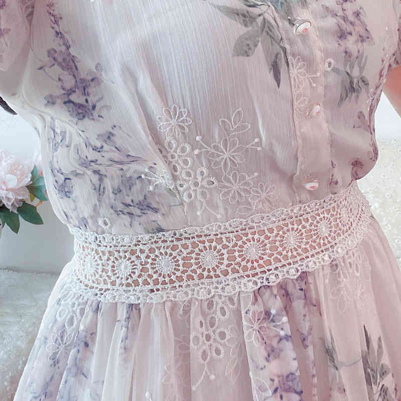 Women Dress Korean Summer Elegant Vintage Casual Floral Lace Splicing High Waist Fairy Midi Dresses 210519