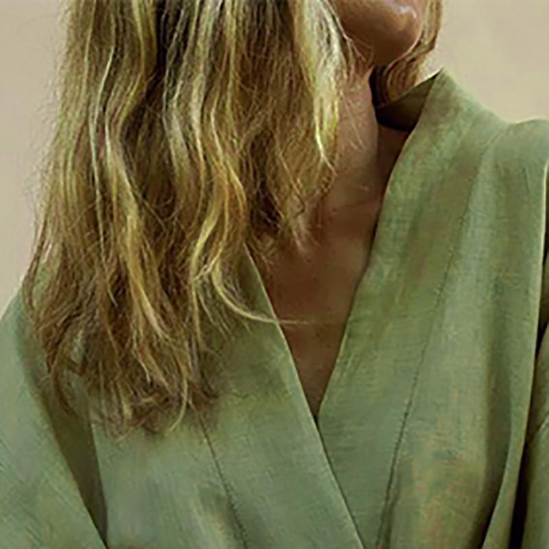 Casual Dresses Lace Up Women's V-Neck Kimono Cardigan Mini Dress Cotton Linen Long Sleeve Sashes Dresse Robe Style Summer Loose Vestidos