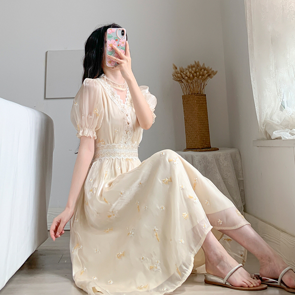Women Retro Embroidery Floral Fairy Dress Vestido Summer Elegant Chiffon Short Sleeve High Waist Party Dresses Femme 210519