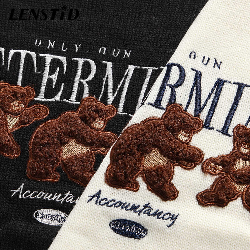 LENSTID Men Hip Hop Knitted Jumper Sweaters Embroidery Bear Streetwear Harajuku Autumn Casual Knitwear Pullovers Fashion Tops 210818