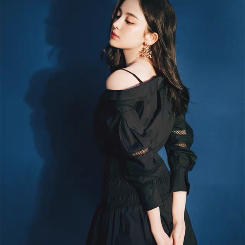 celebrity party mini dress high waist one shoulder black gothic casual long sleeve hollow out for women robe chic 210421