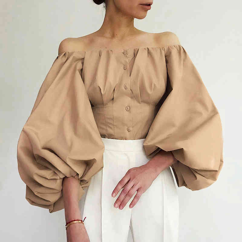 Fashion Sexy Off Shoulder Blouses Women Spring Summer Lantern Long Sleeve Shirts Print Top Vintage Holiday Elegant Shirt Blusas 210515
