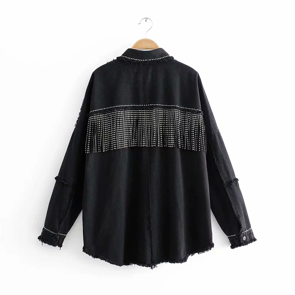 Women Black High Quality Loose Denim Jacket Sequined Tassels Streetwear Coat Vintage Single-breasted Jean Coats 210428