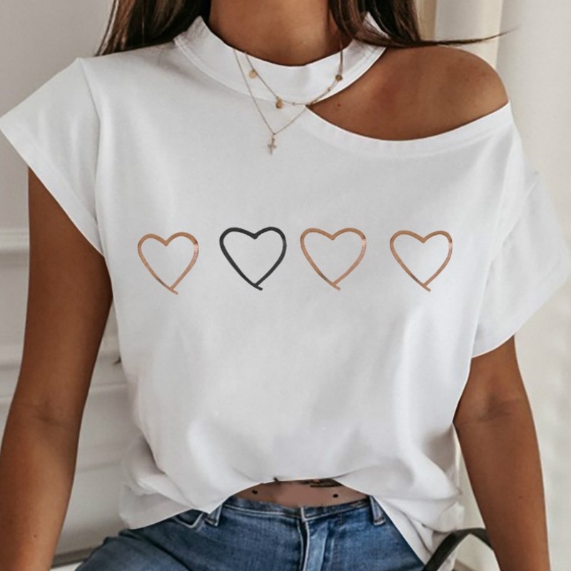 5XL Choker Neck Casual T Shirts Female Cold Shoulder Loose Tees Tops Women Plus Size TShirts Kawaii Love Print Blusa M0101 210406