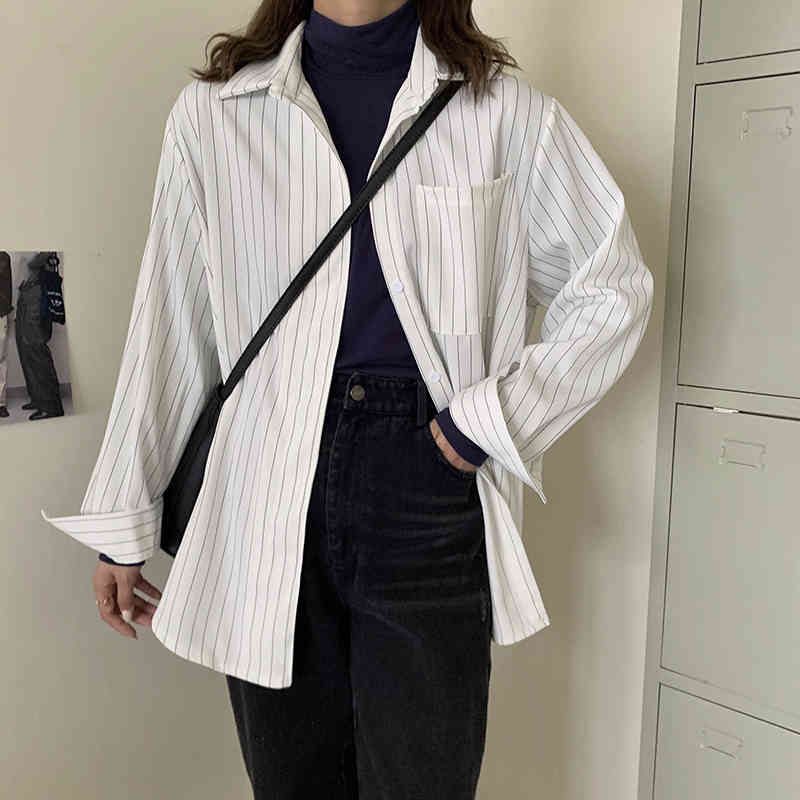 Spring Autumn OL Formal Elegant Minimalist Lapel Striped Shirt Women Blouses Work Long Sleeve Loose Tops Female 210421