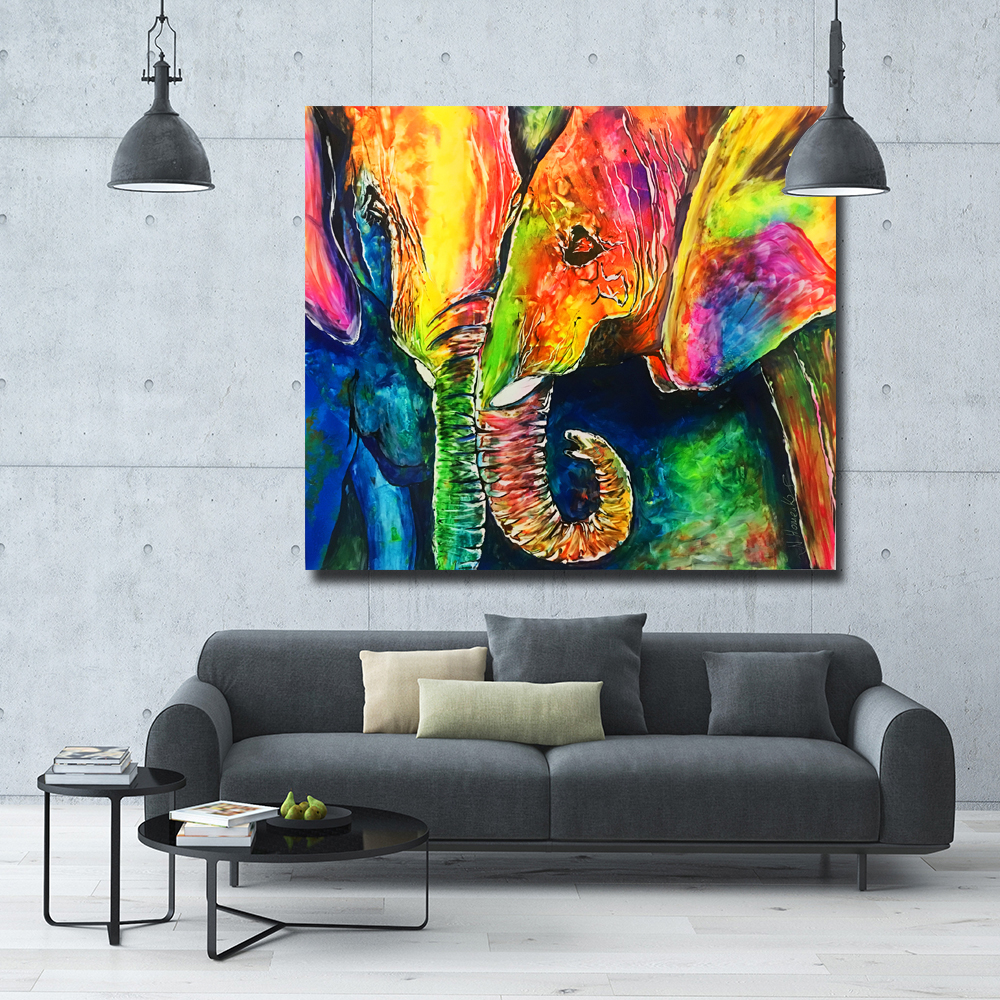 Colorful Elephant Couple Painting Picture Animal Art For Living Room Home Wall Decoration Poster Printed On Canvas