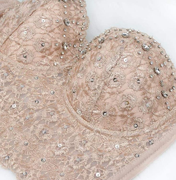 Women's Lace Rhinestone Bustier Crop Top Camis Clubwear Sexy Mesh Corset Push Up Bra Fashion Tanks Champagne Black White XS-L
