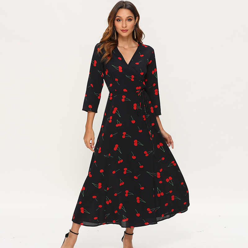 Elegant Dresses Women Three Quarter Sleeve Cherry Print Long Boho High Split V Neck Sexy Casual Maxi Vestidos Largos 210515