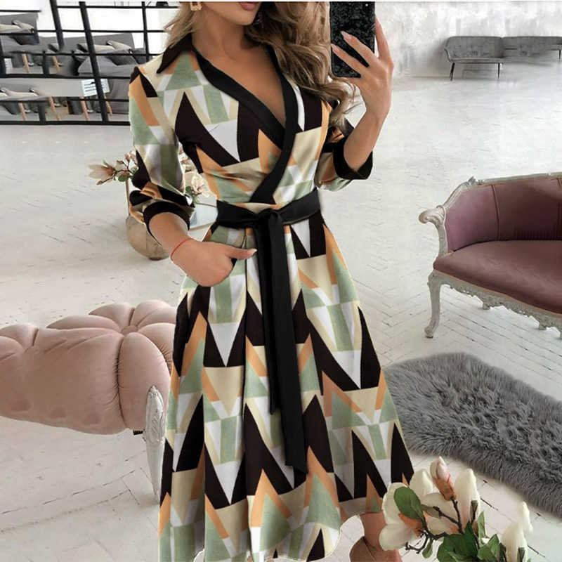Women V-Neck Sexy Dresses Elegant Long Sleeve Lace Up Wrap Midi Dress Summer Office Lady Party Vestidos 210526