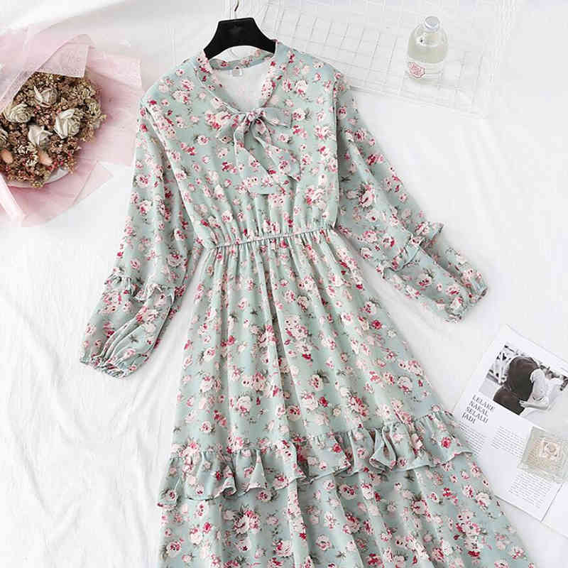 Chiffon Women Dress Vintage Lotus Leaf Flowers Print Party Dress Long Sleeve Vestidos Elegant Women Spring Summer Dress 210521
