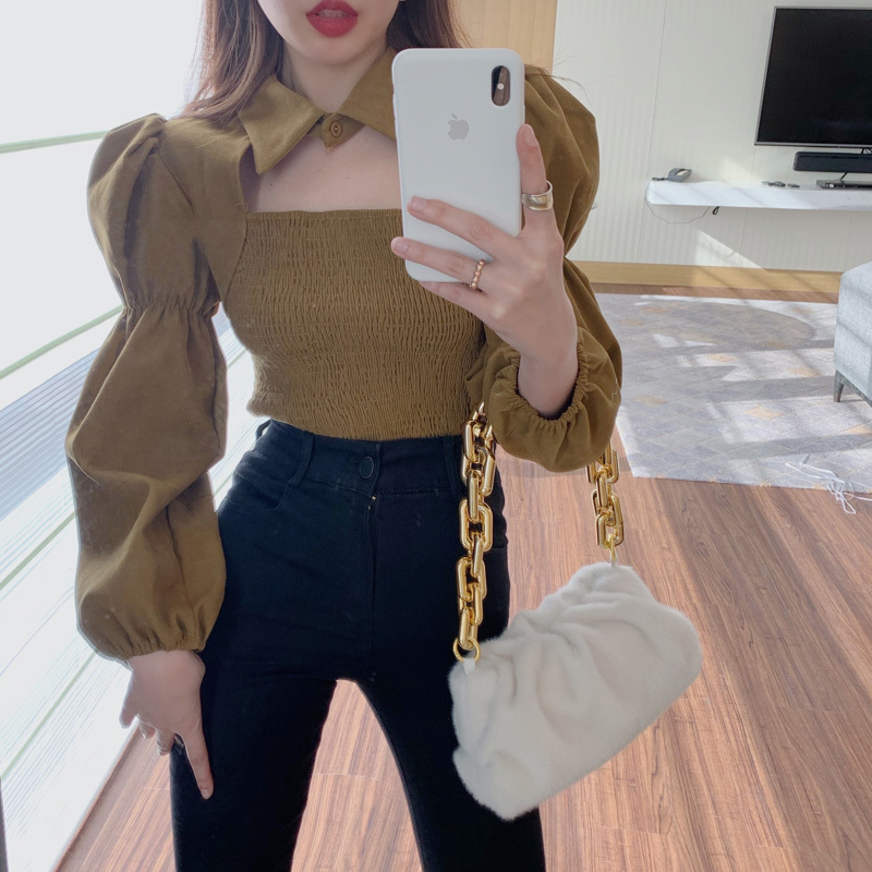 Chic Solid Korean Sweet Women Shirts Hollow Out Puff Sleeve Blouse Fashion Pleated Stretch Cropped Blusas Mujer 210519
