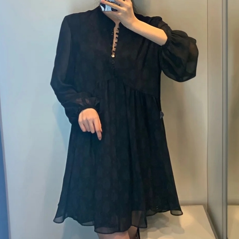 Women Flower Printing Chiffon Black Mini Dress Casual Female Long Sleeve Clothes Lady Loose Vestido D6929 210430