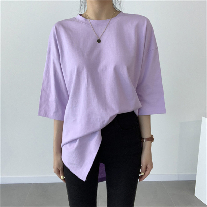 Loose Oversize Solid Casual Basic Korea Brief Minimalist Split Fashion Women Arrival Shirt Tops T-shirt 210421
