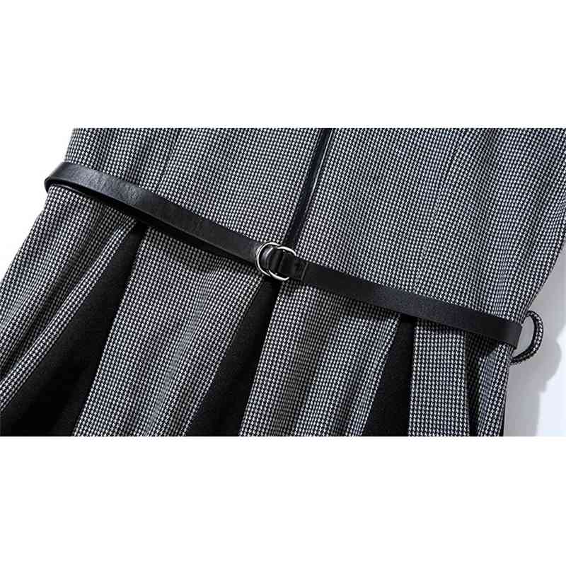 Spring Houndstooth Dress Elegant Long Sleeve Slim Vintage Pleated es Wome Casual Party Vetidos Runway 210520