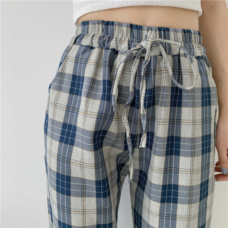 H.SA Wide Leg Pants Women Long Floor Trousers Elestic Tie Waist Plaid Loose Wide Leg Trouser Retro Streetwear Straight Trousers 210716