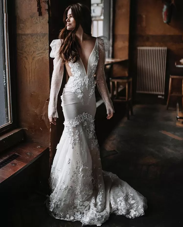 Boho Mermaid Wedding Dresses Bridal Gown Backless 3D Ral Applique Handmade Wers Long Sleeves Illusion Beads Sweep Train Custom Made Plus Size Vestido 