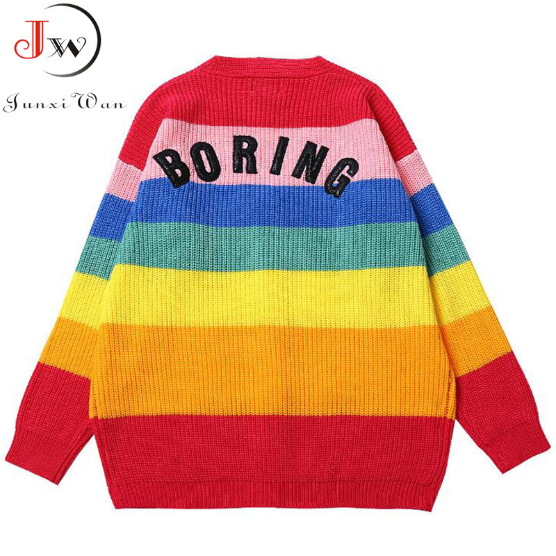 Rainbow Stripe V-Neck Cardigan Women Long Sleeve Knitted Sweater Casual Autumn Coat Invierno Loose Cardigans Mujer 210510
