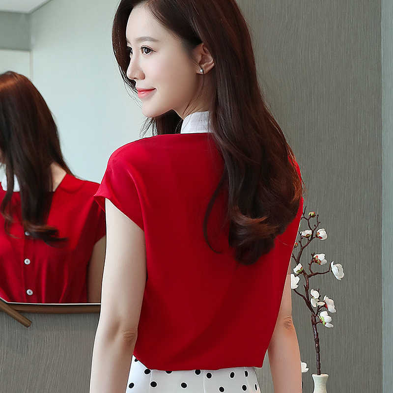 Korean Fashion Chiffon Women Blouses Shirt Office Lady Red Tops Plus Size Solid Blouse Top Blusas Mujer De Moda 210531