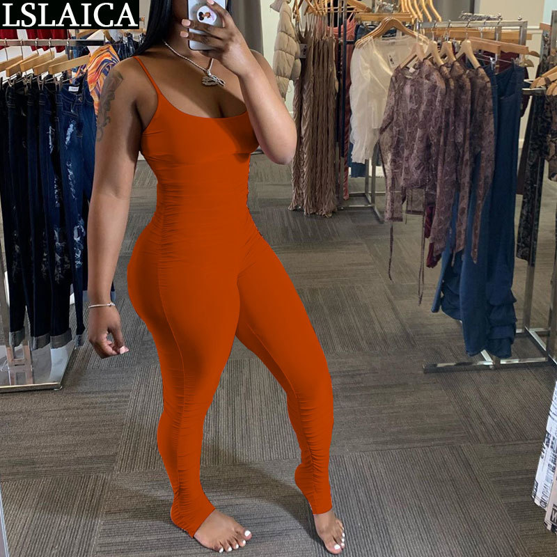 Fashion jumpsuit women solid color spaghetti straples knitted hollow out bodysuit sexy elegant casual streetwear 210520