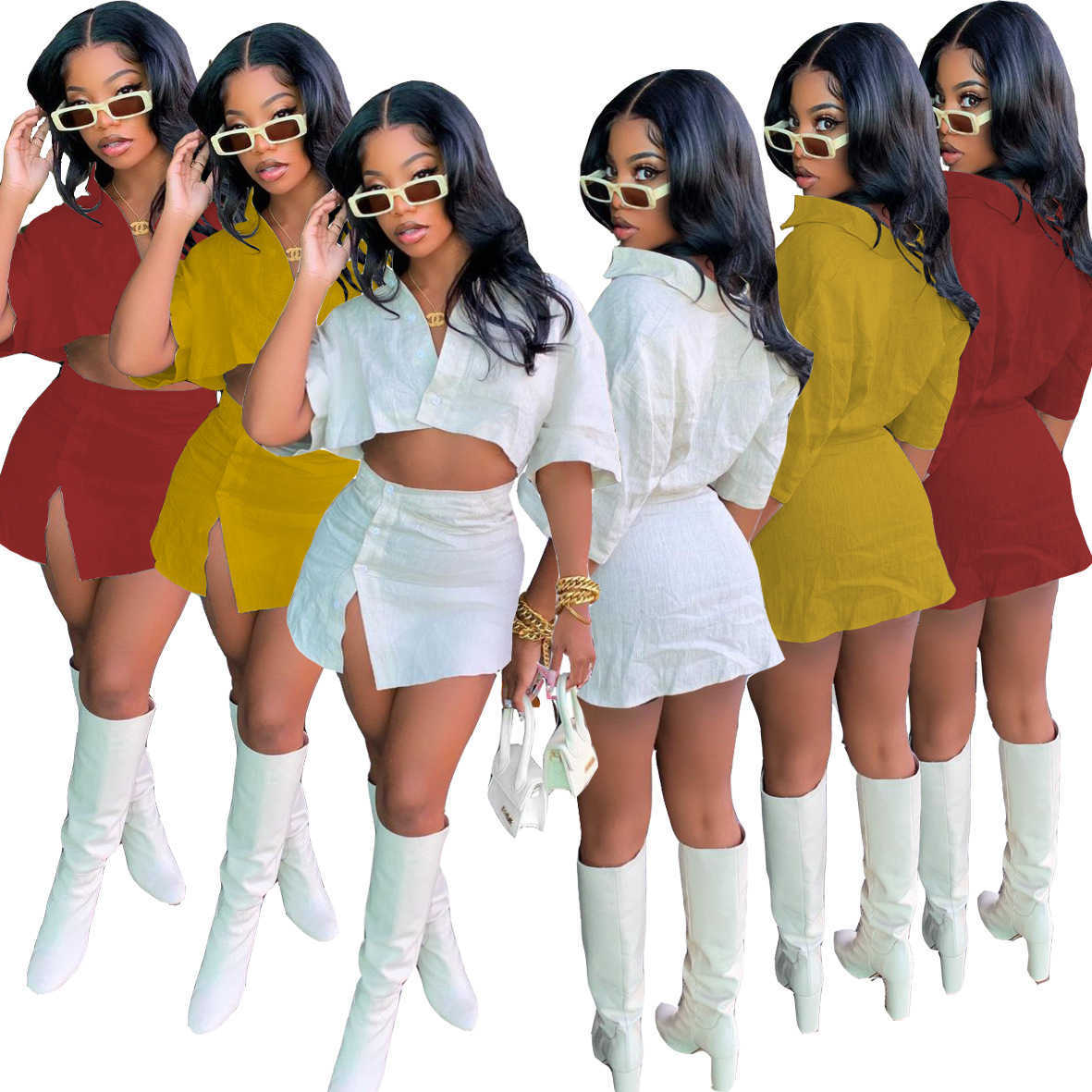 Summer Women's Cotton Linen Hemp Material Shirt and Mini Skirt Casual Two Piece Size Set Short Sleeve Top And Split Side Dress for ladies, Yellow
Summer Women's Cotton Linen Hemp Material Shirt and Mini Skirt Casual Two Piece Size Set Short Sleeve Top And Split Side Dress for ladies, Yellow