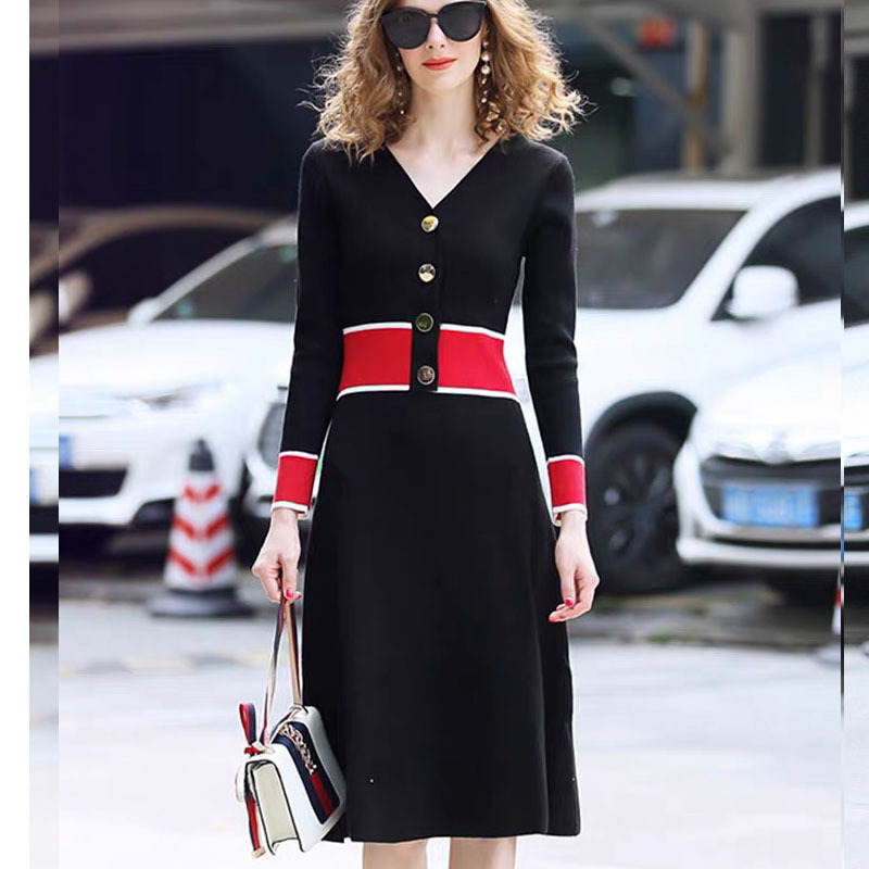 Winter Knitted Sweater Dress Women A-line Patchwork Color V-neck Long Sleeve Midi Elegant Ladies Vestidos 210421