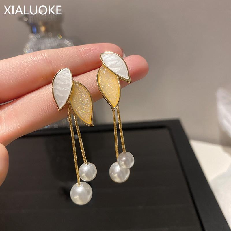 

Dangle & Chandelier XIALUOKE S925 Needle Korea Fashion Metal Asymmetric Leaves Tassel Pearl Earrings For Women Cute Romantic Long Drop Gift