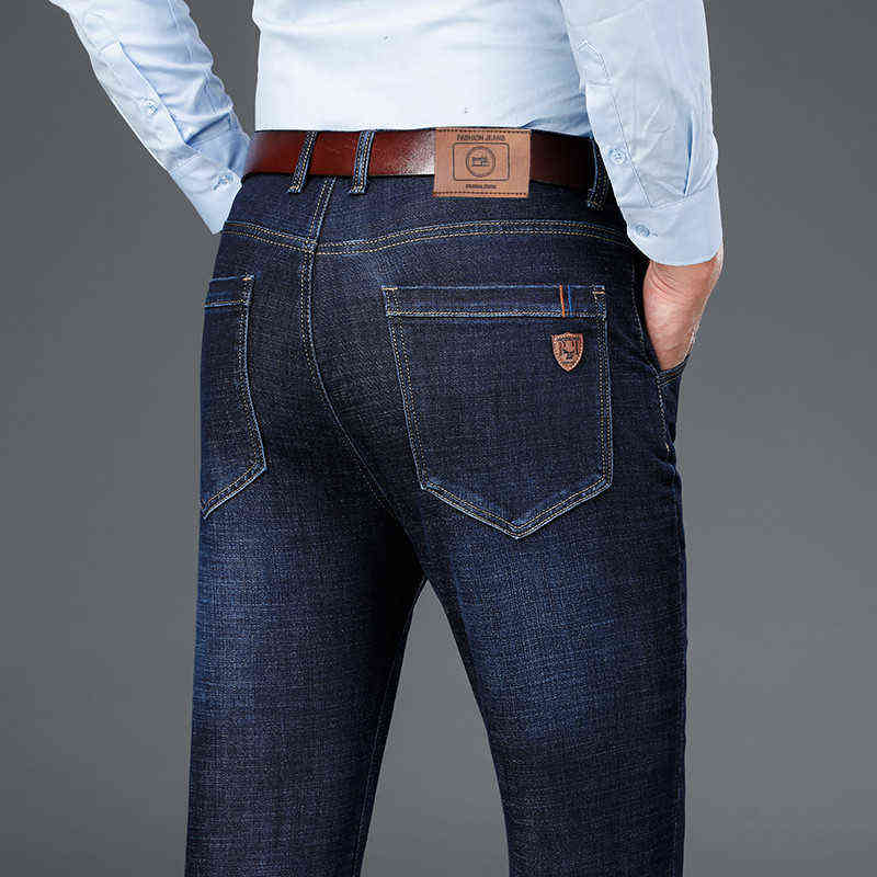Men's Classic Relaxed Fit Flex Jean spring autumn Four Seasons High waist Business casual black blue denim trousers 211120