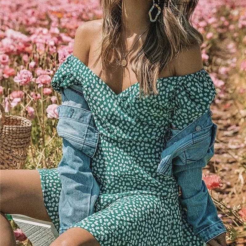 Summer dress boho korean off shoulder beach elegant kawaii green vintage floral sexy v neck mini vestidos 210623