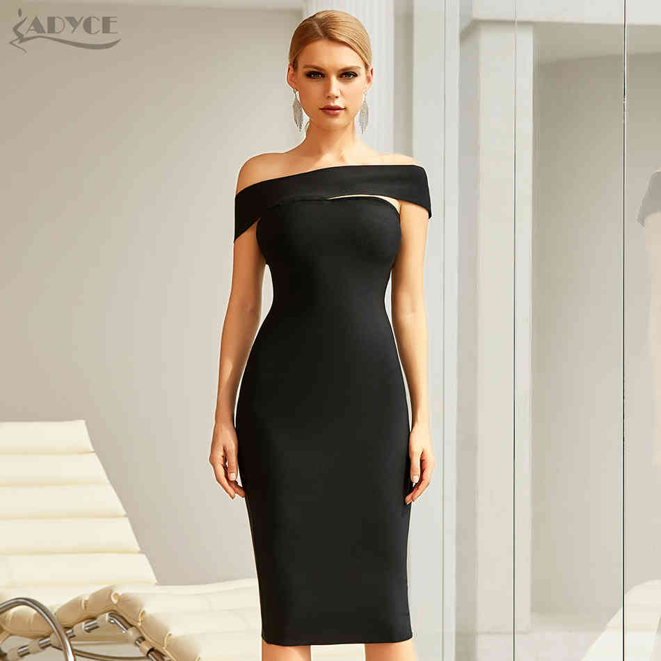 Summer Women Black Off Shoulder Bandage Dress Sexy Short Sleeve Knee Length Celebrity Evening Runway Party 210423
